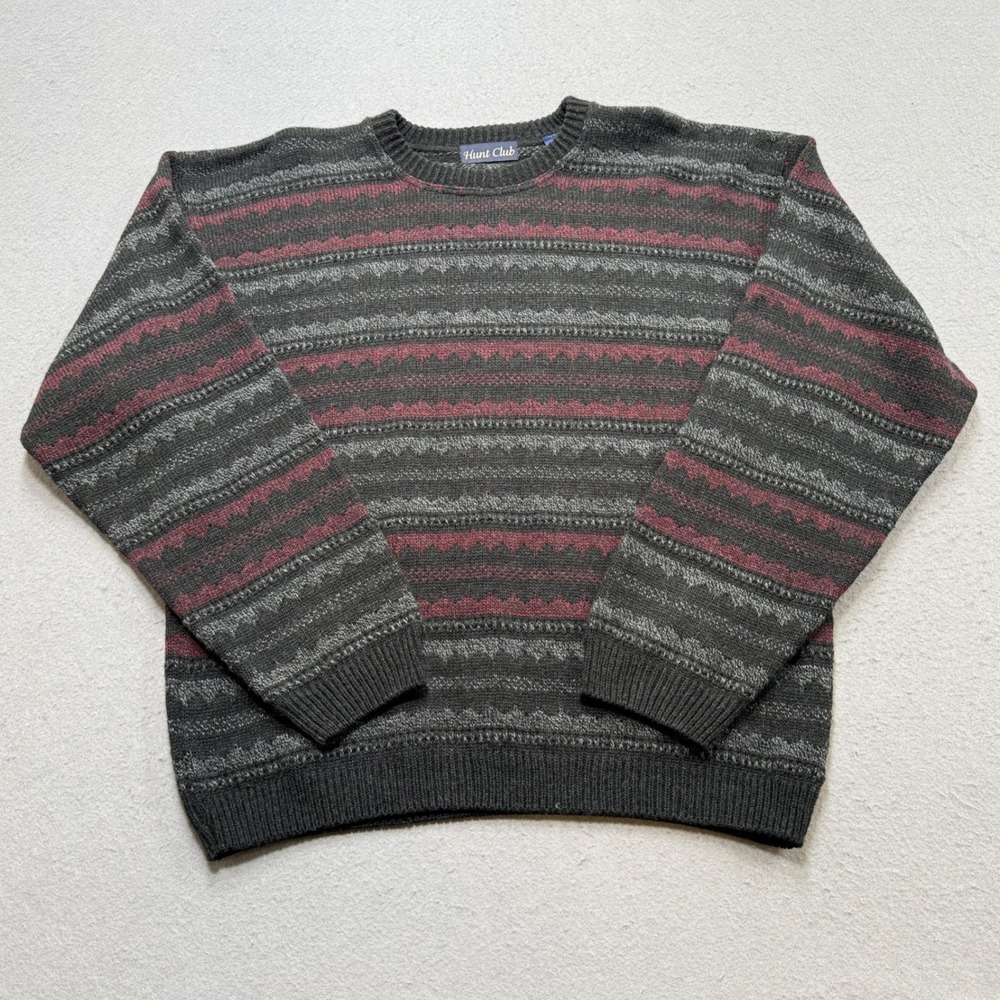 Hunt Club Sweater Men's XL Gray Red Striped Ribbed Knit Crewneck Pullover Canada